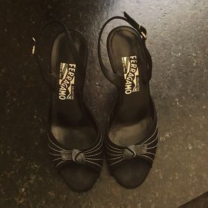 Ferragamo Satin Black and White Stitch Knot Heels